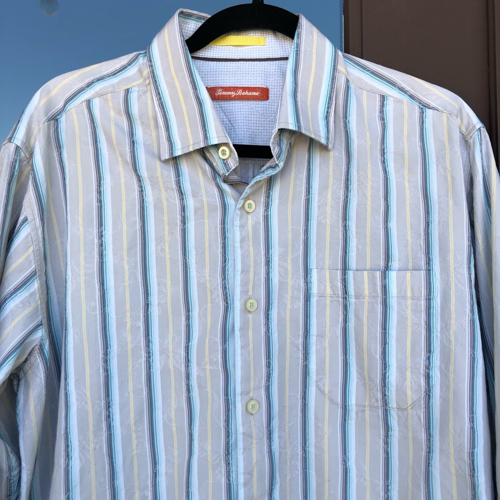 Tommy Bahama Grey Blue Striped Jacquard Shirt L